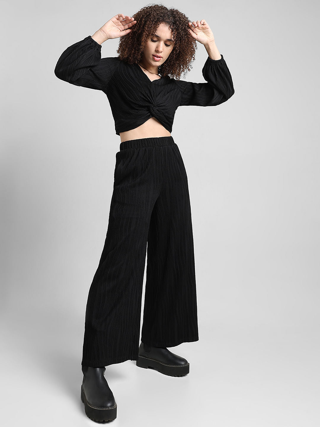 Black High Rise Pliss Co-Ord Set Pants