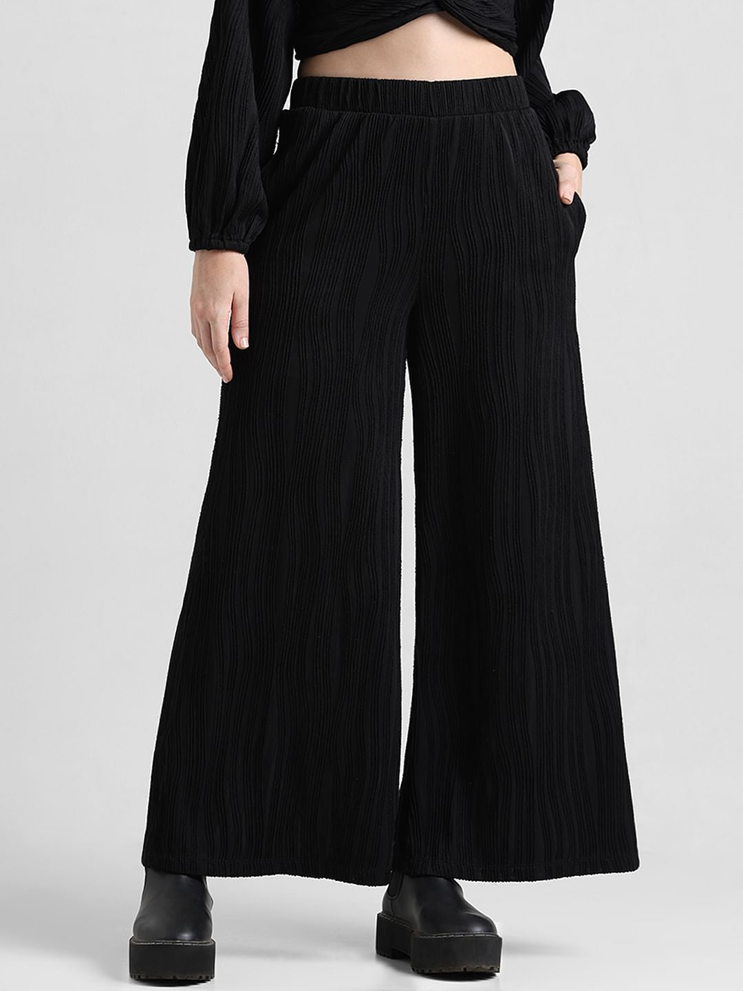 Black High Rise Pliss Co-Ord Set Pants