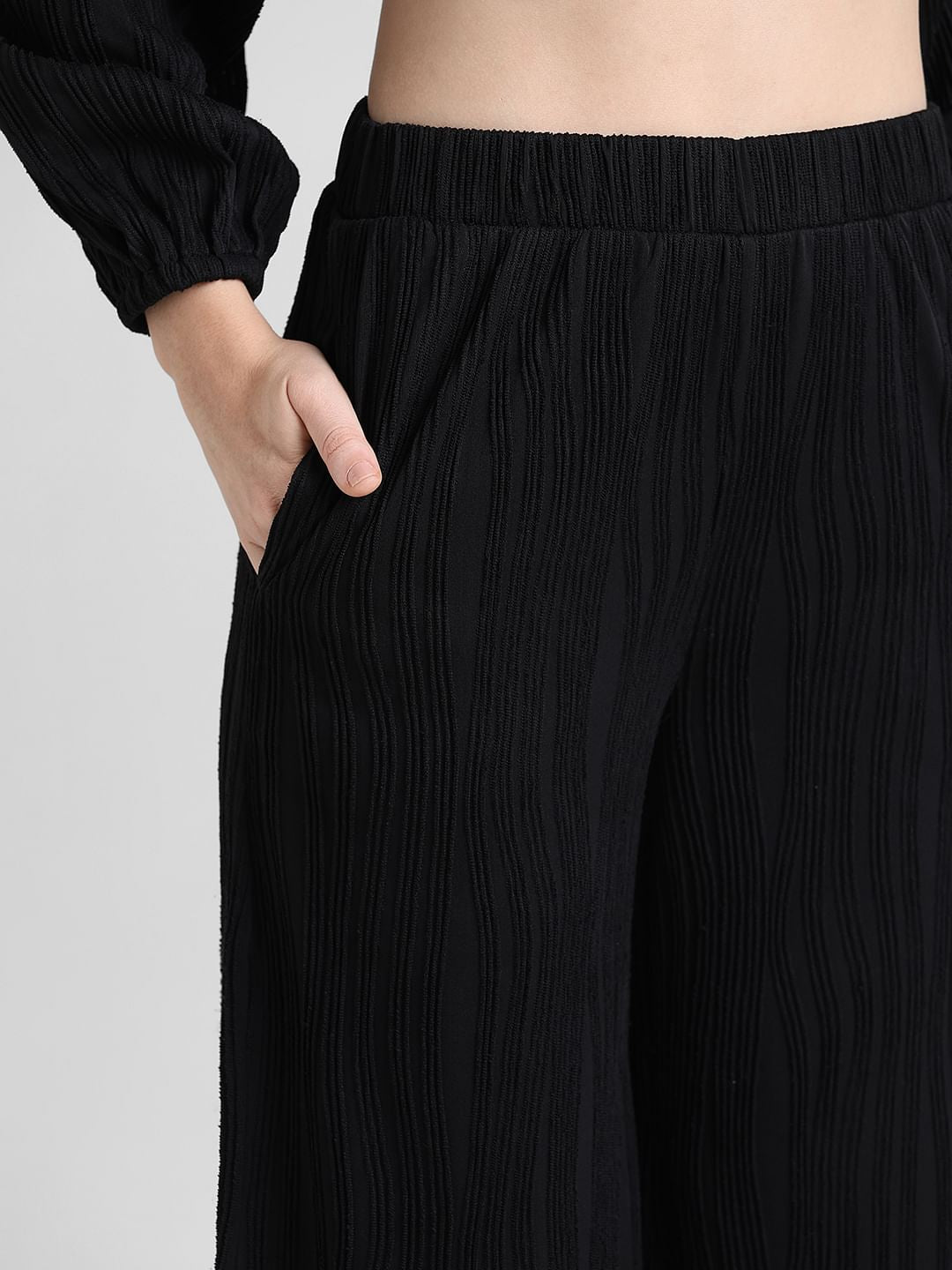 Black High Rise Pliss Co-Ord Set Pants