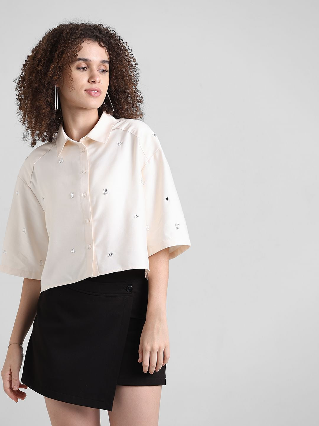 Beige Embellished Cropped Shirt