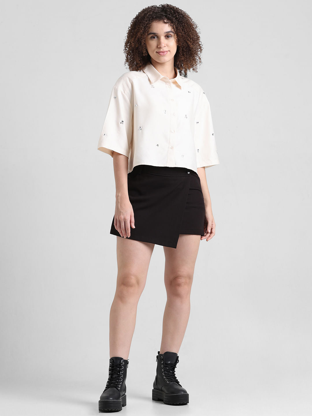 Beige Embellished Cropped Shirt