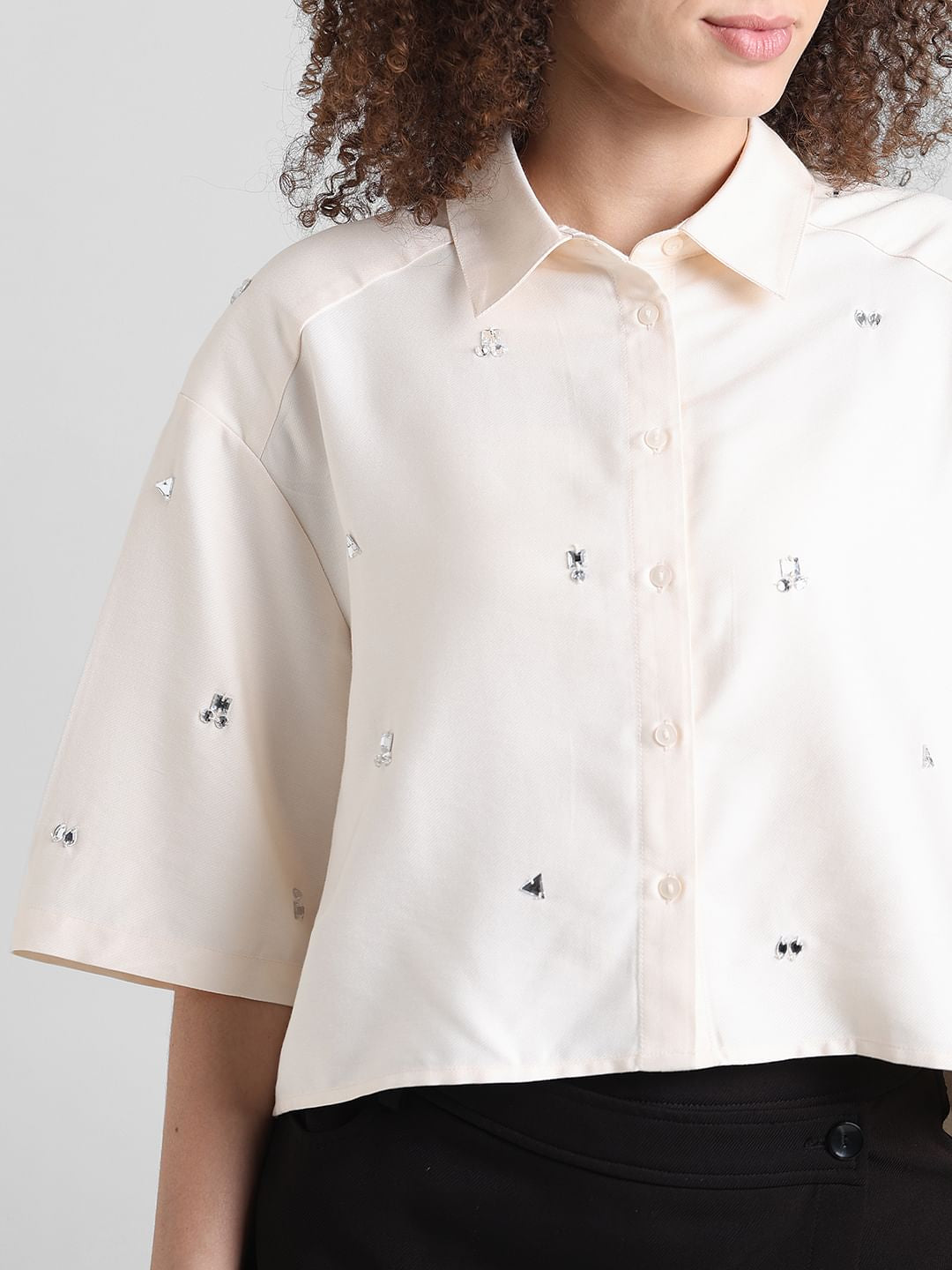 Beige Embellished Cropped Shirt