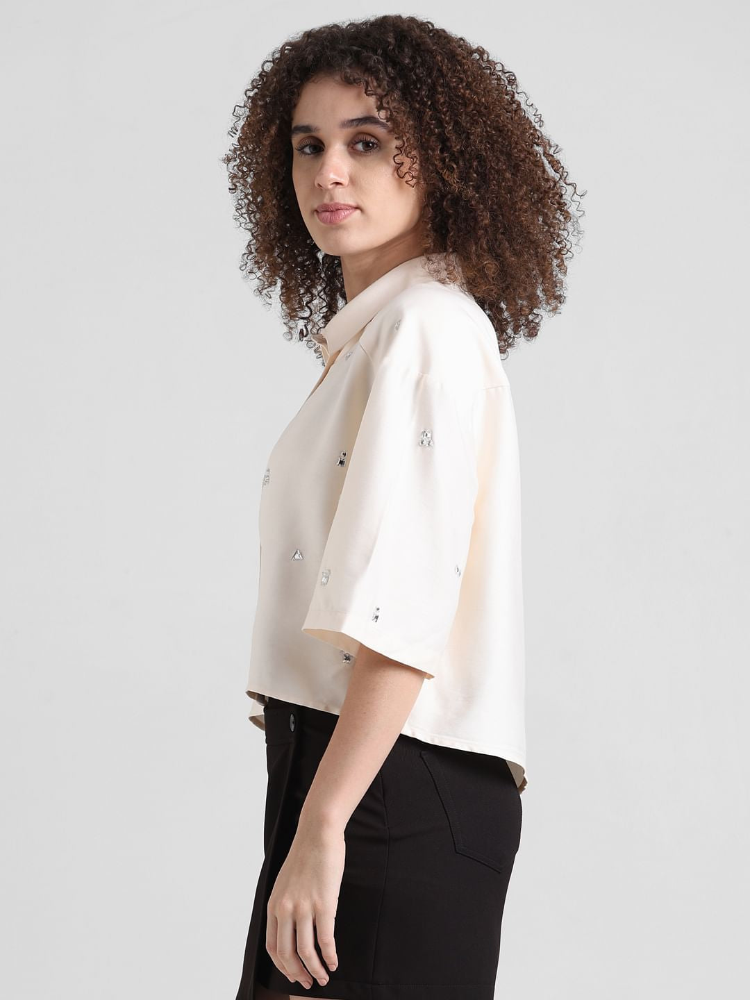 Beige Embellished Cropped Shirt