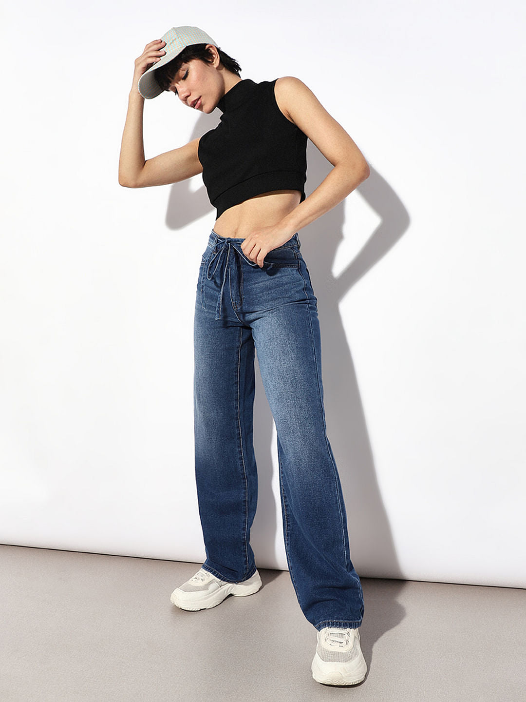 Blue Mid Rise Tie Up Wide Leg Jeans