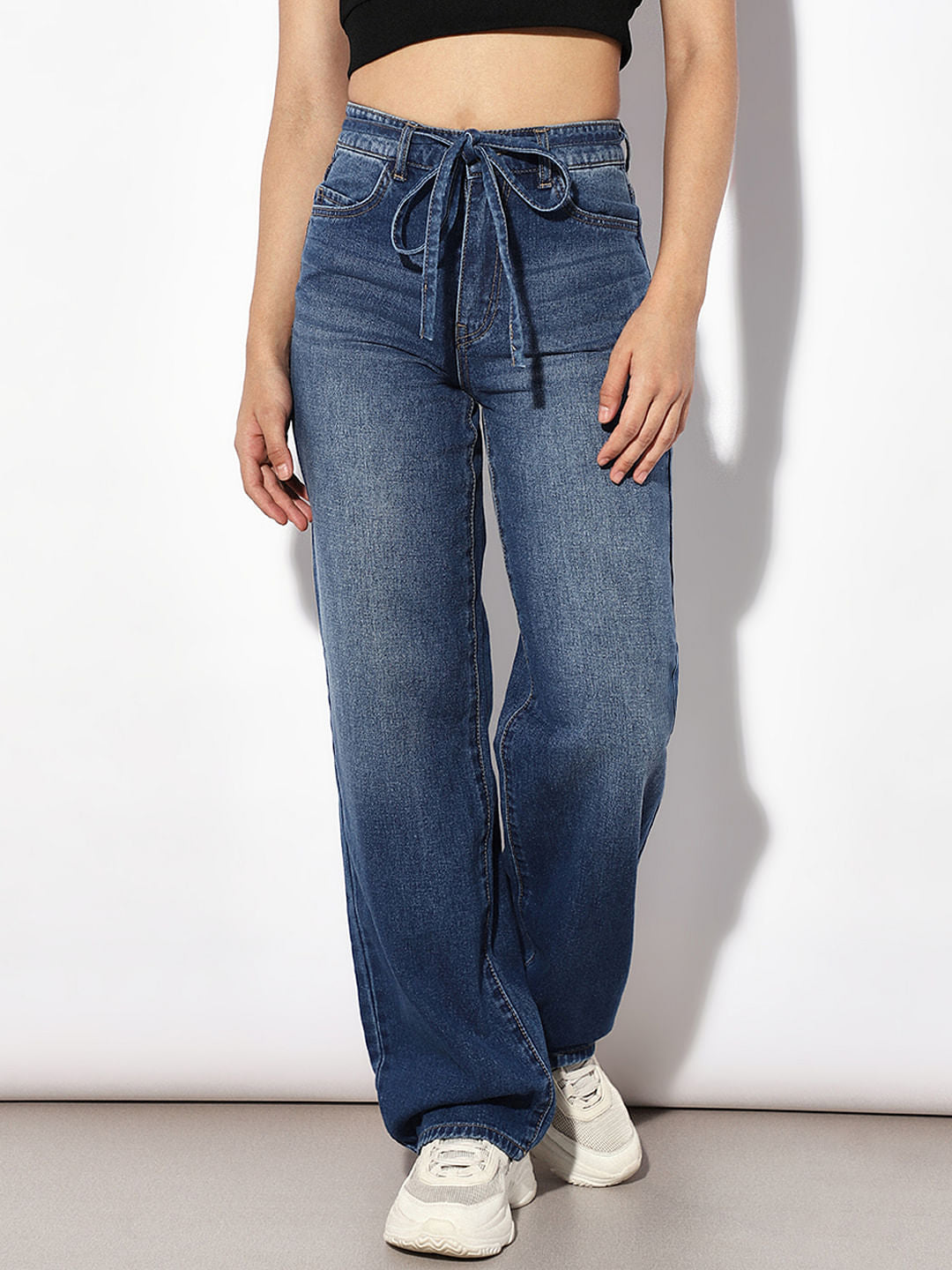 Blue Mid Rise Tie Up Wide Leg Jeans