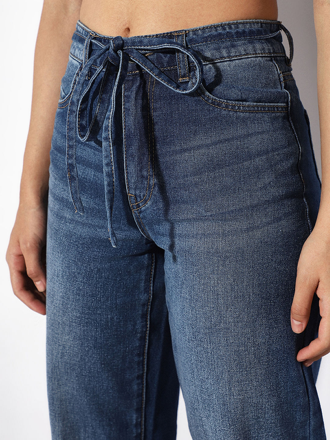 Blue Mid Rise Tie Up Wide Leg Jeans