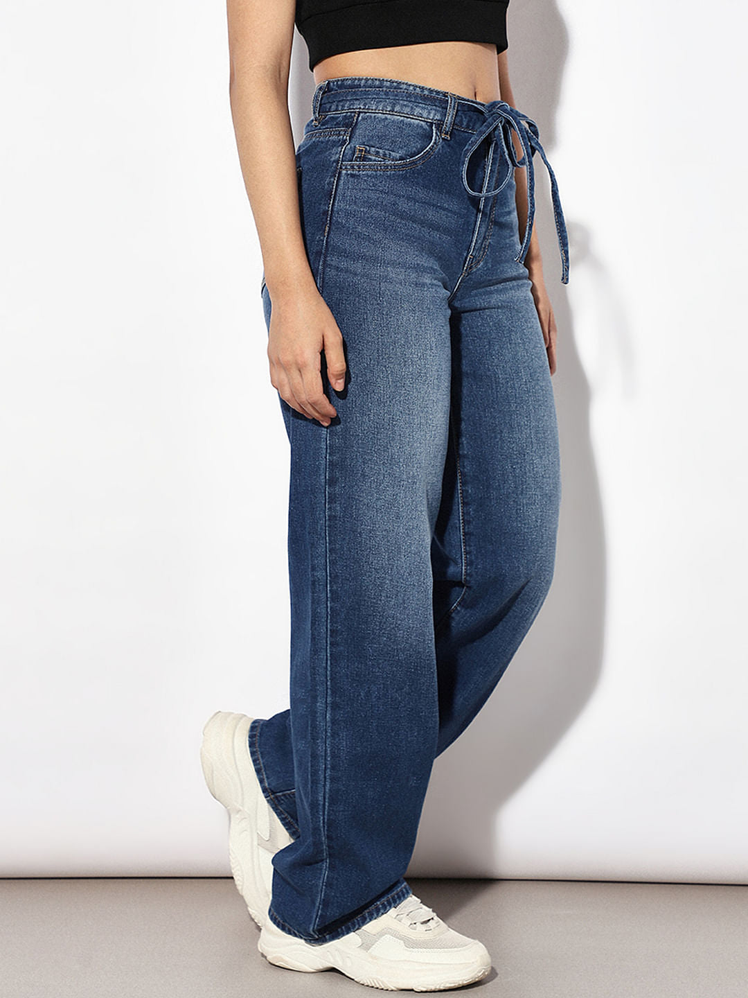 Blue Mid Rise Tie Up Wide Leg Jeans