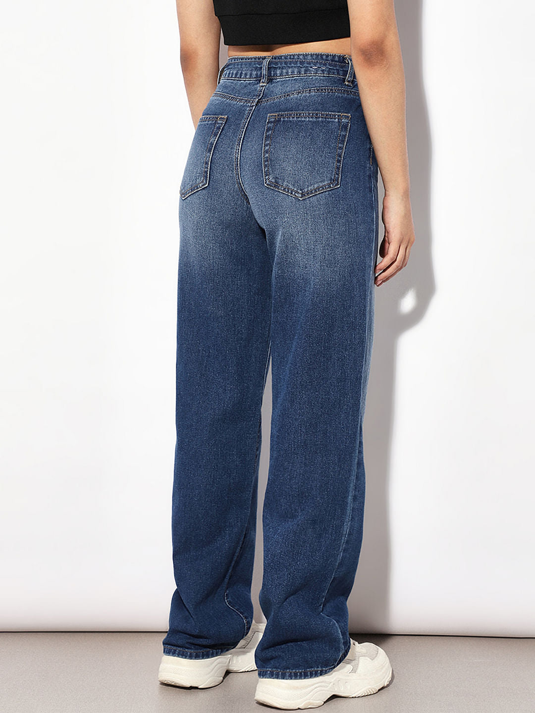 Blue Mid Rise Tie Up Wide Leg Jeans