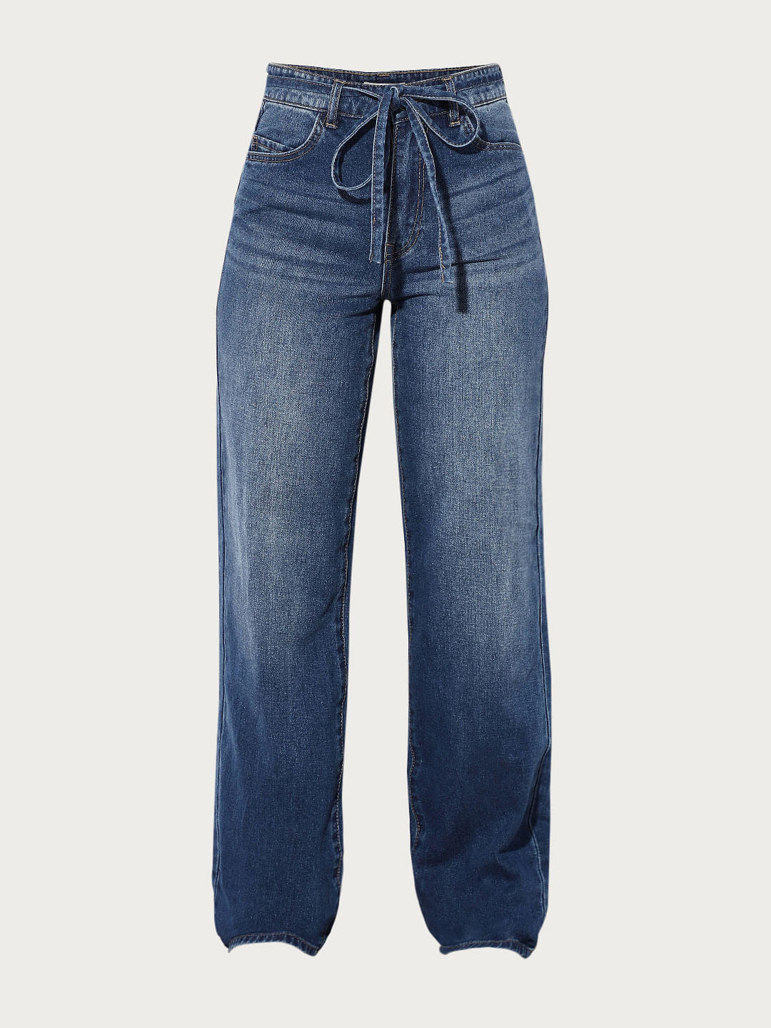 Blue Mid Rise Tie Up Wide Leg Jeans