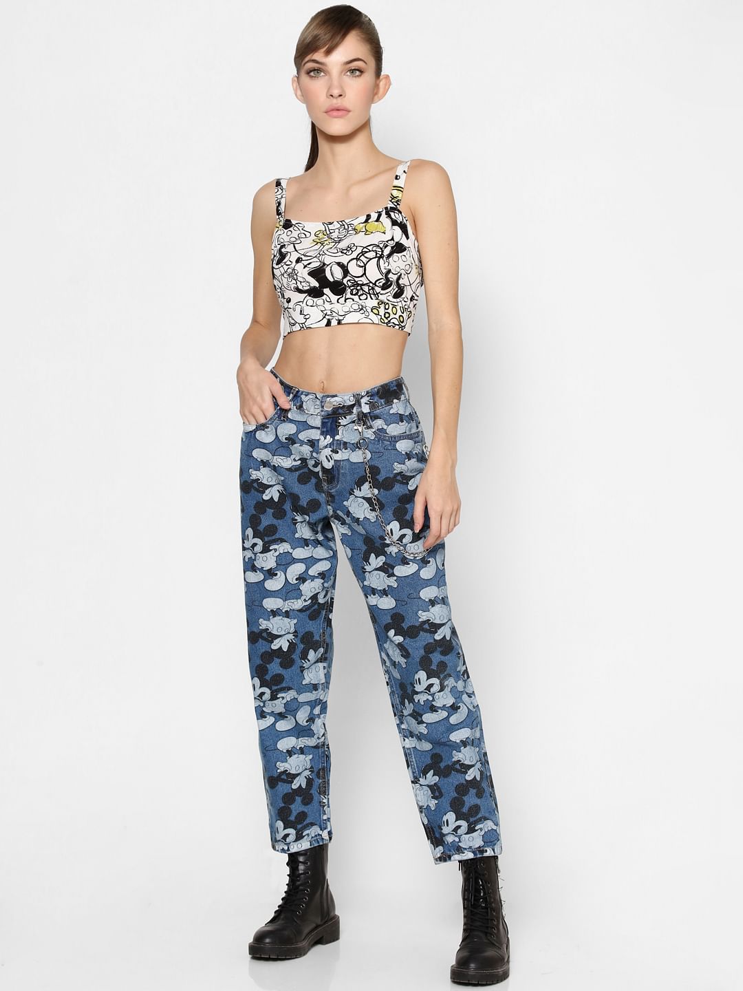 Only X Mickey Blue High Rise Graphic Print Jeans