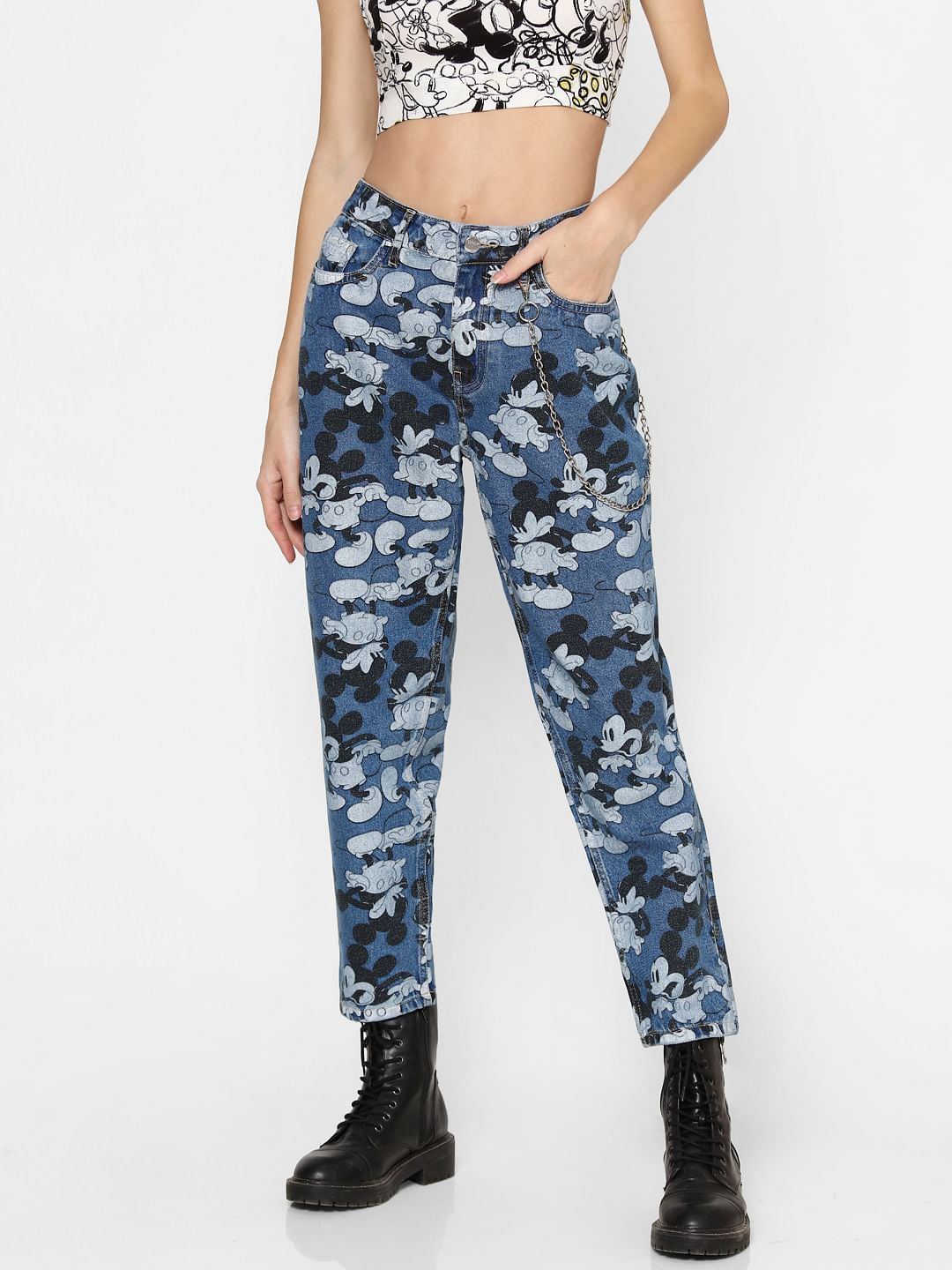 Only X Mickey Blue High Rise Graphic Print Jeans