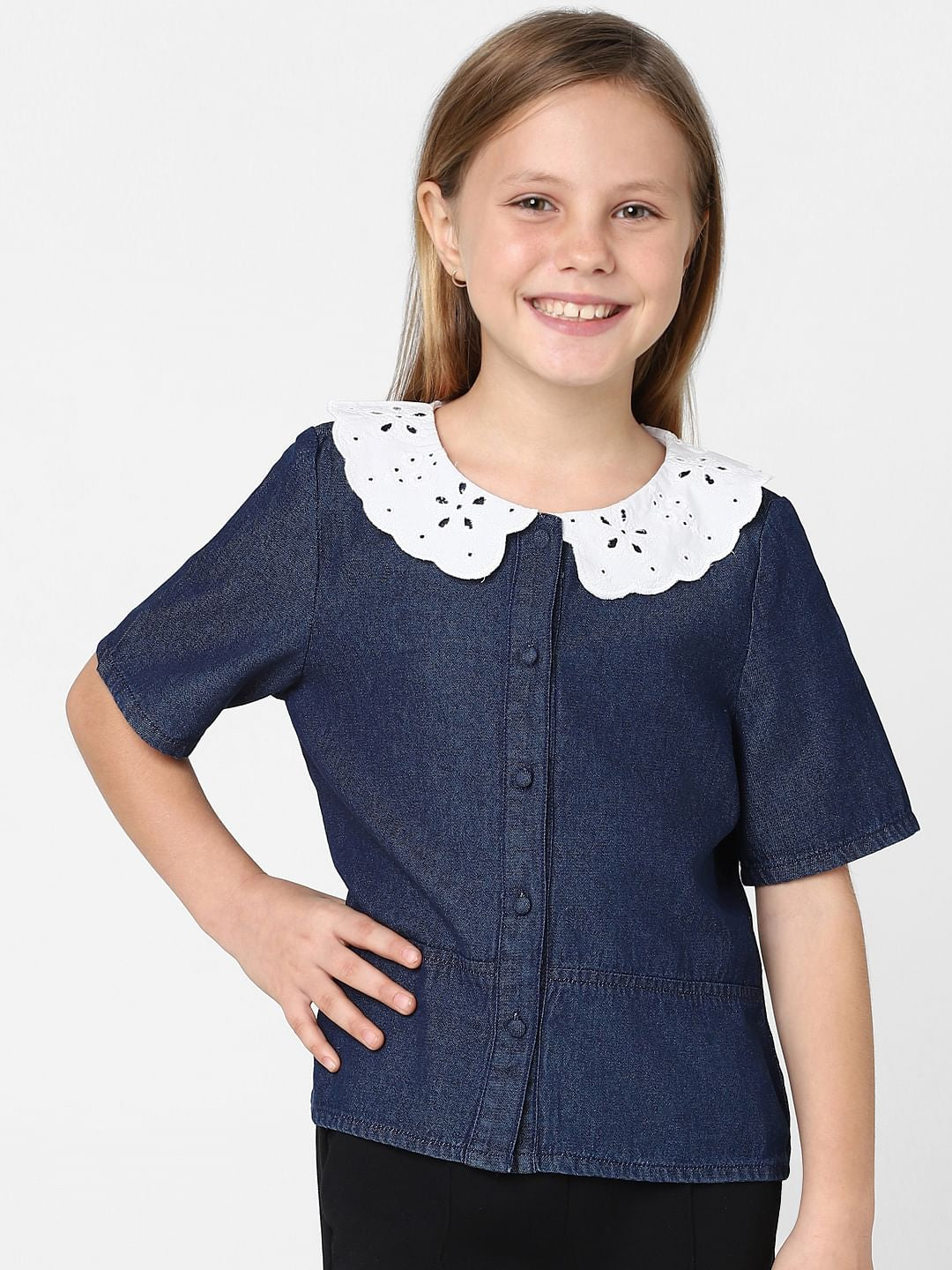 Girls Blue Schiflli Denim Top