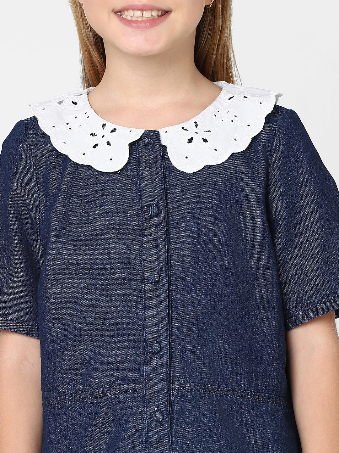 Girls Blue Schiflli Denim Top