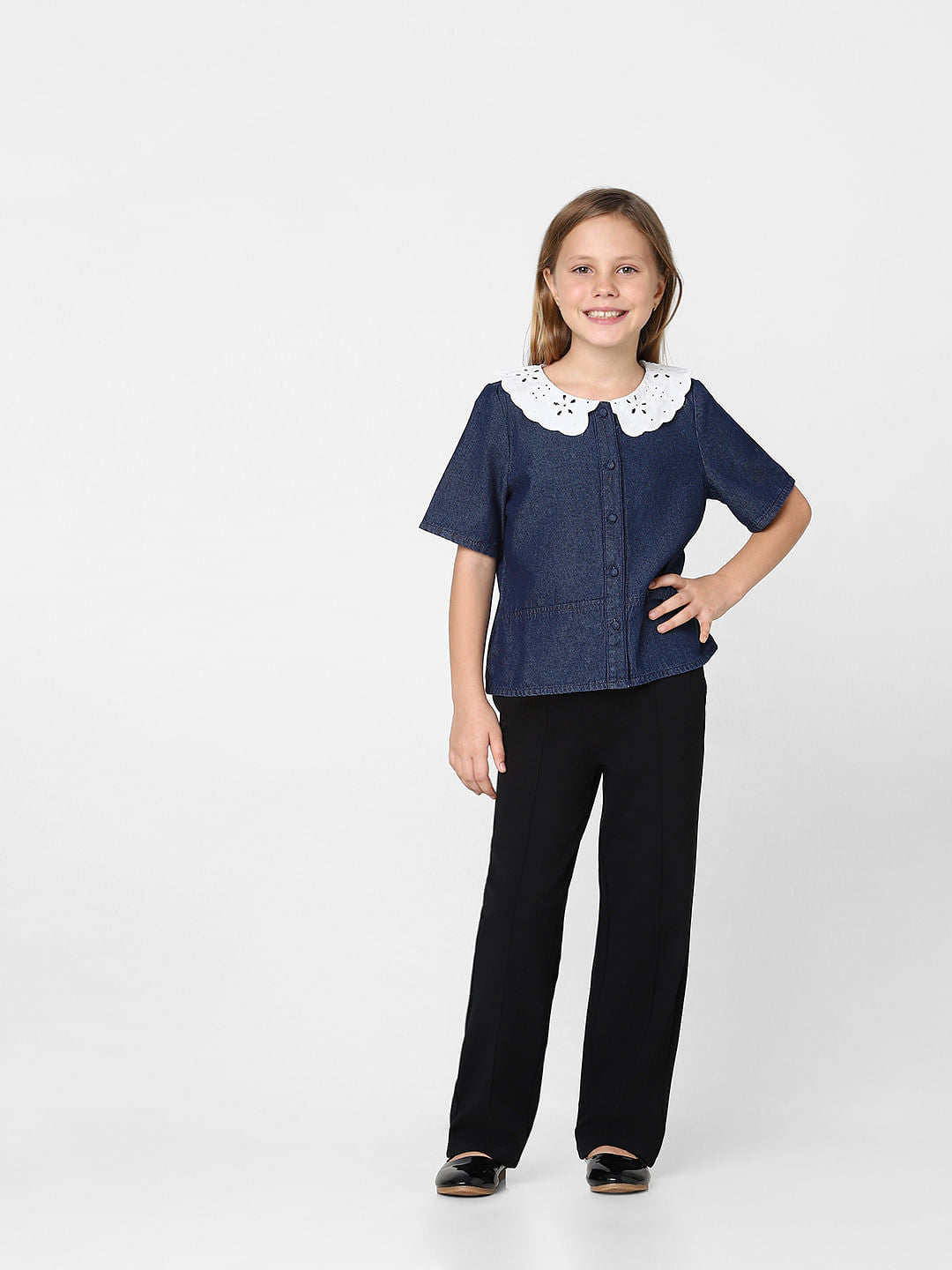 Girls Blue Schiflli Denim Top