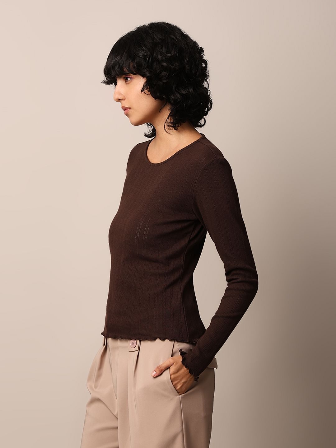 Dark Brown Rib-Knit Top