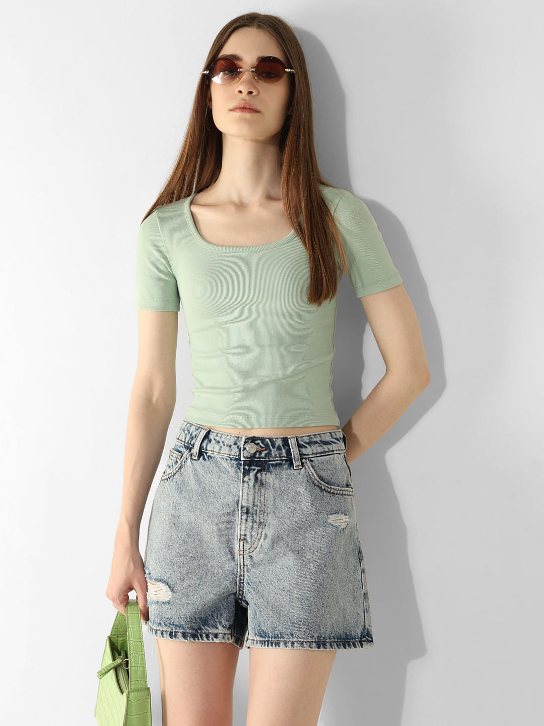 Green Ribbed Cropped T-Shirt - Main Image