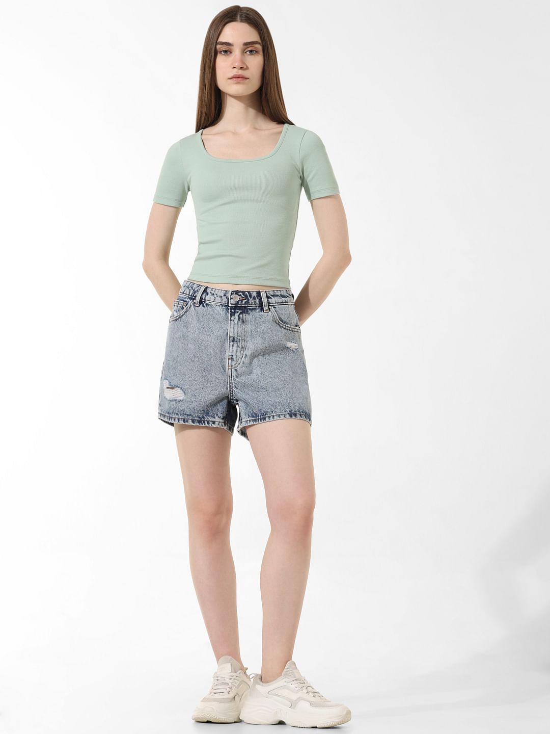 Green Ribbed Cropped T-Shirt