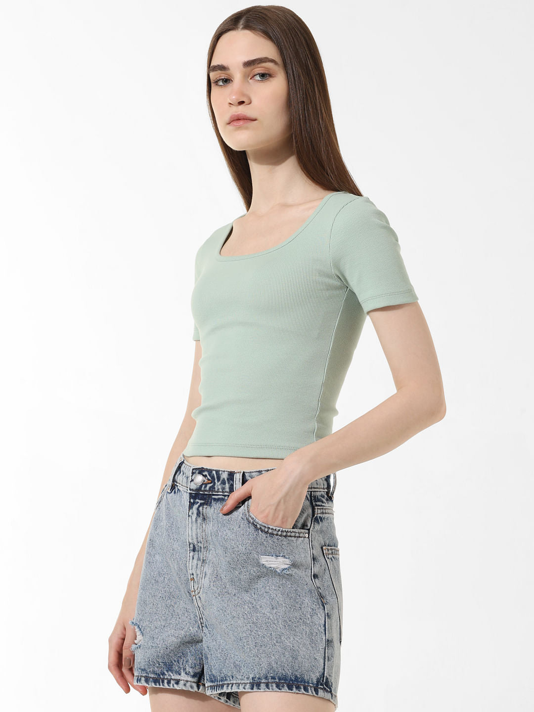 Green Ribbed Cropped T-Shirt