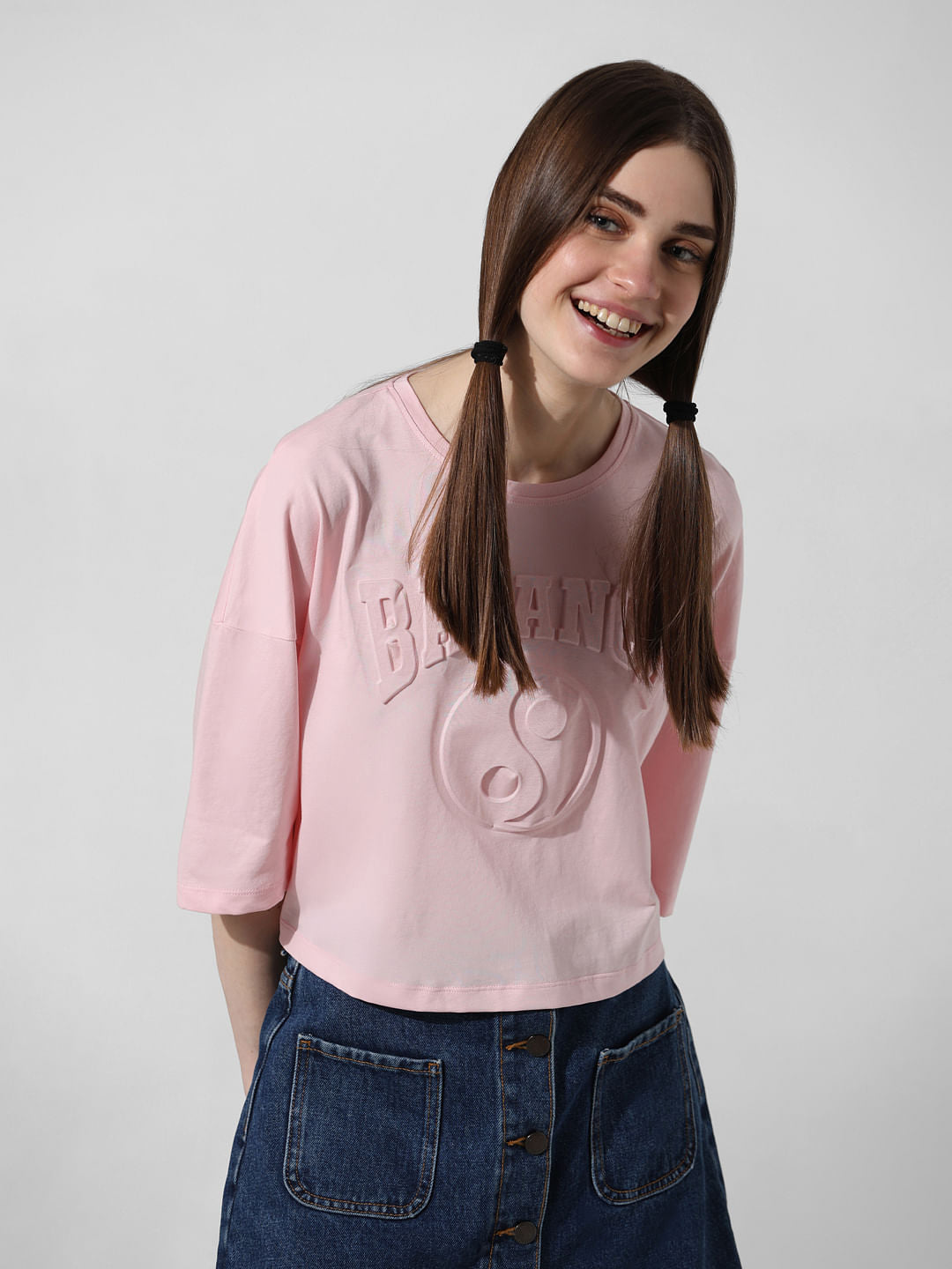 Pink Embossed Text T-Shirt