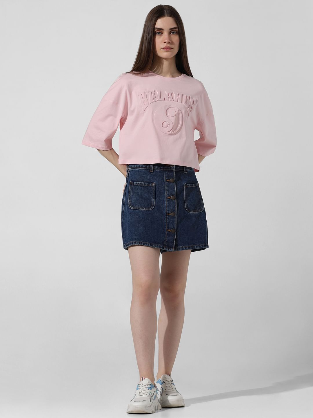 Pink Embossed Text T-Shirt