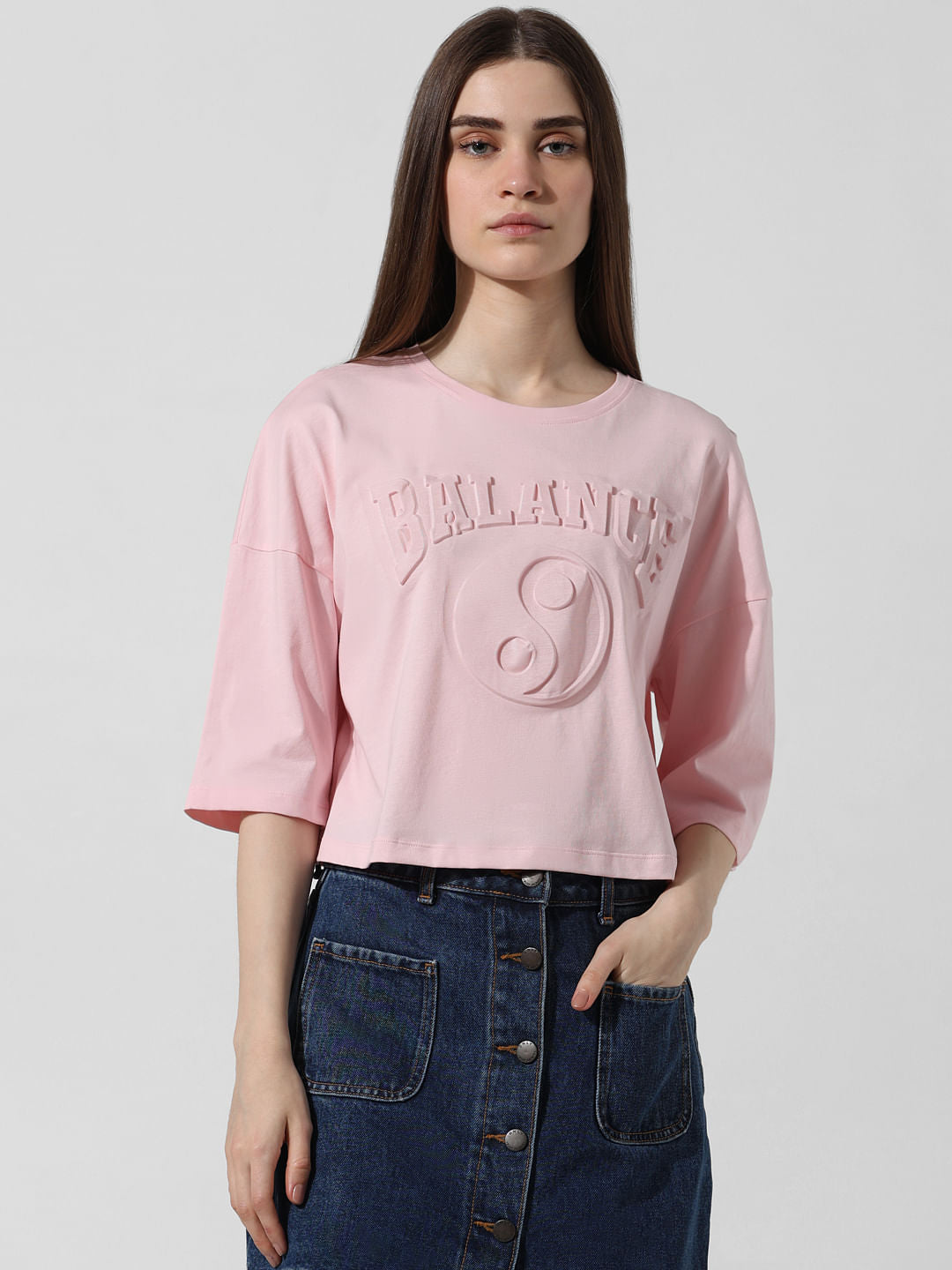 Pink Embossed Text T-Shirt