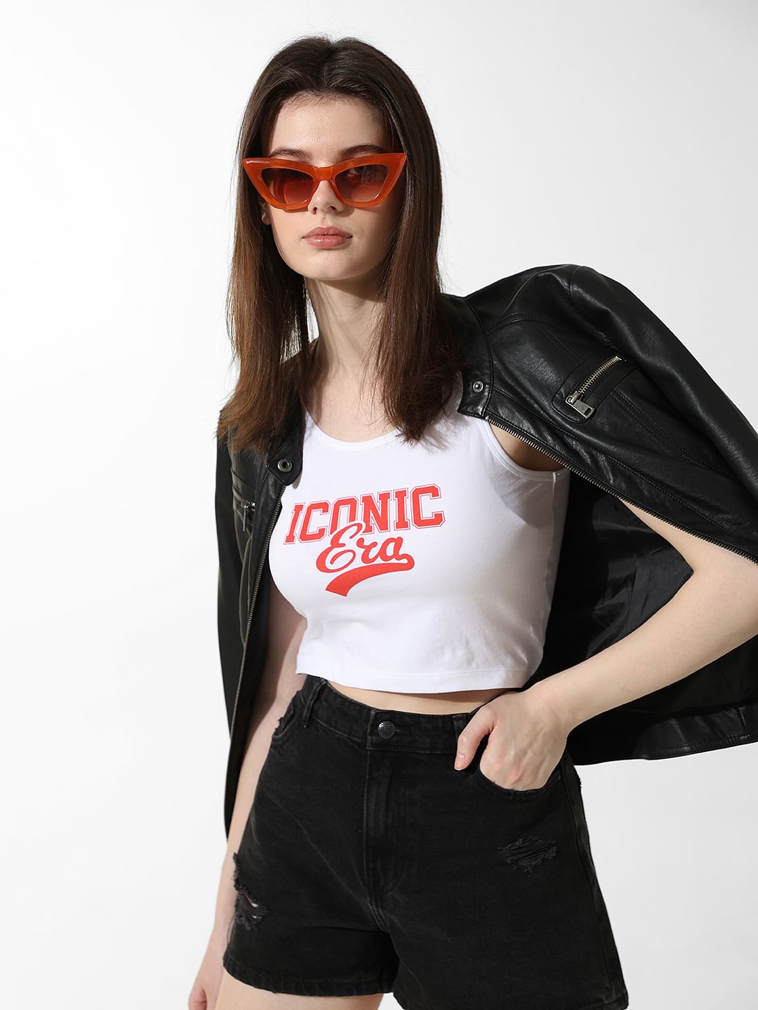 White Printed Cropped Top