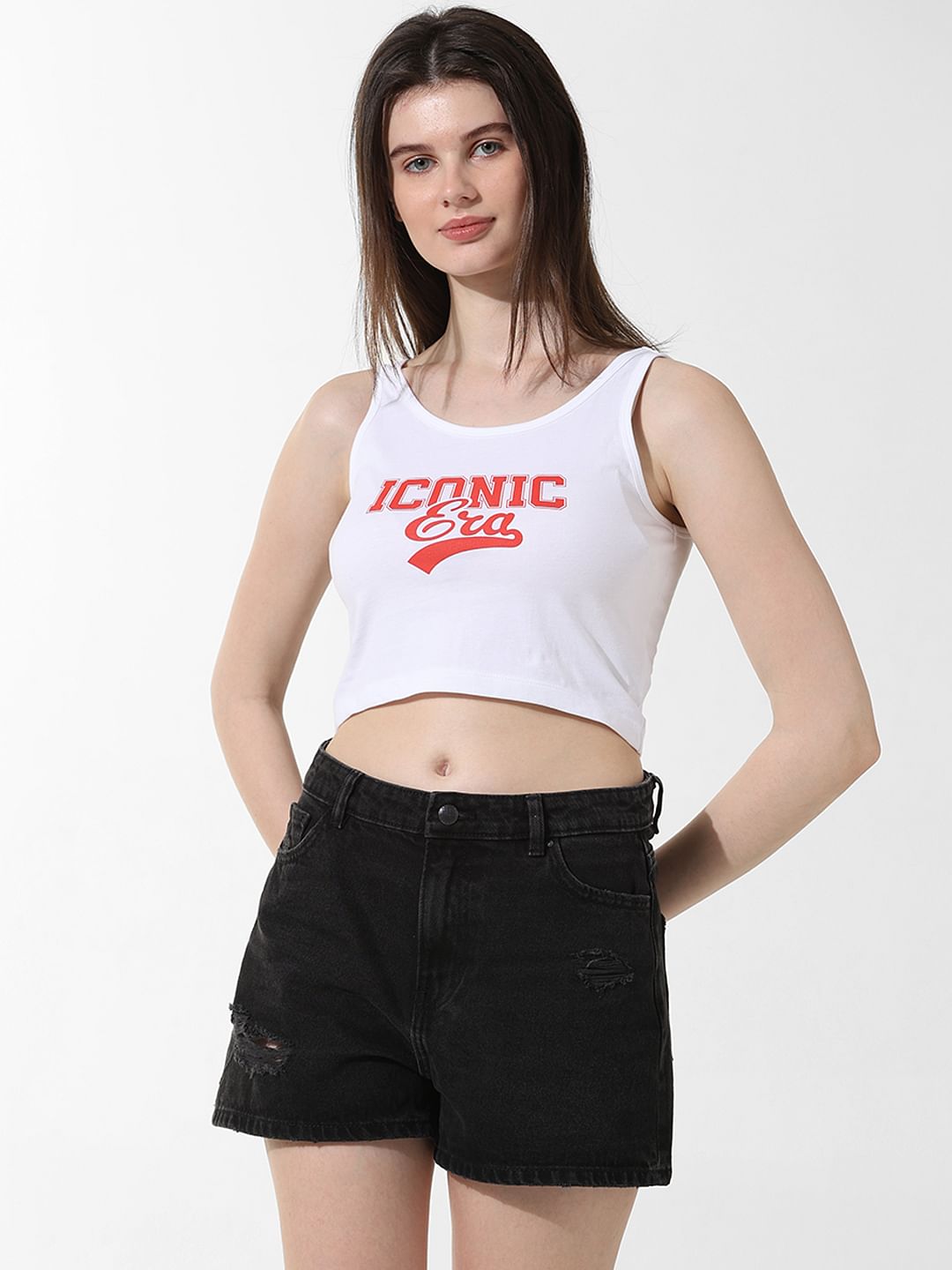 White Printed Cropped Top