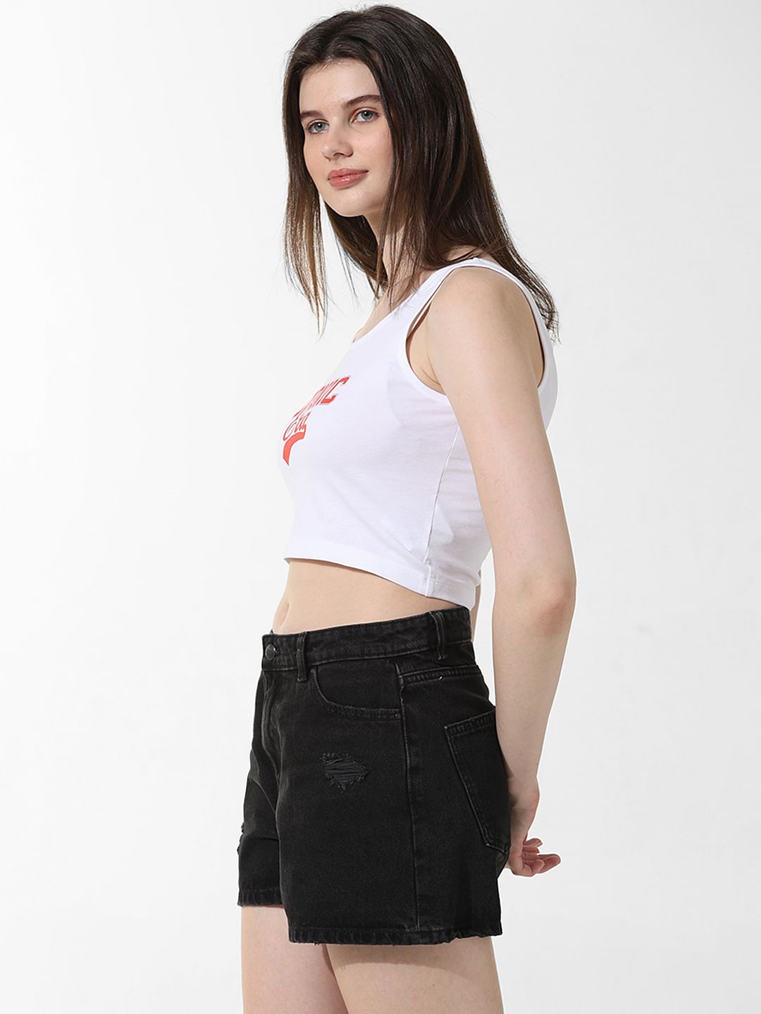 White Printed Cropped Top