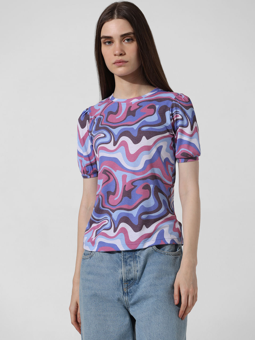 Pink Abstract Print Ribbed T-Shirt