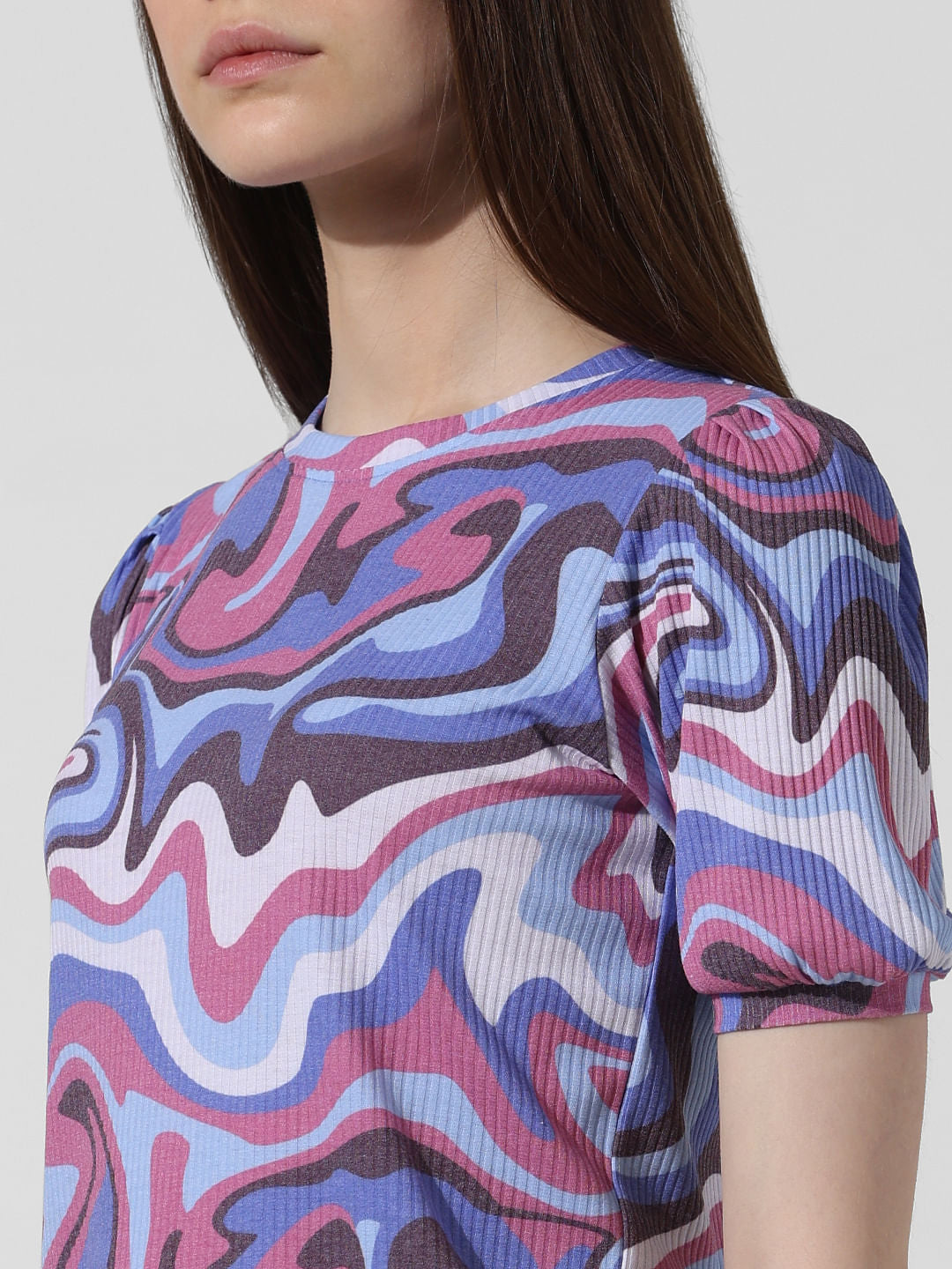 Pink Abstract Print Ribbed T-Shirt