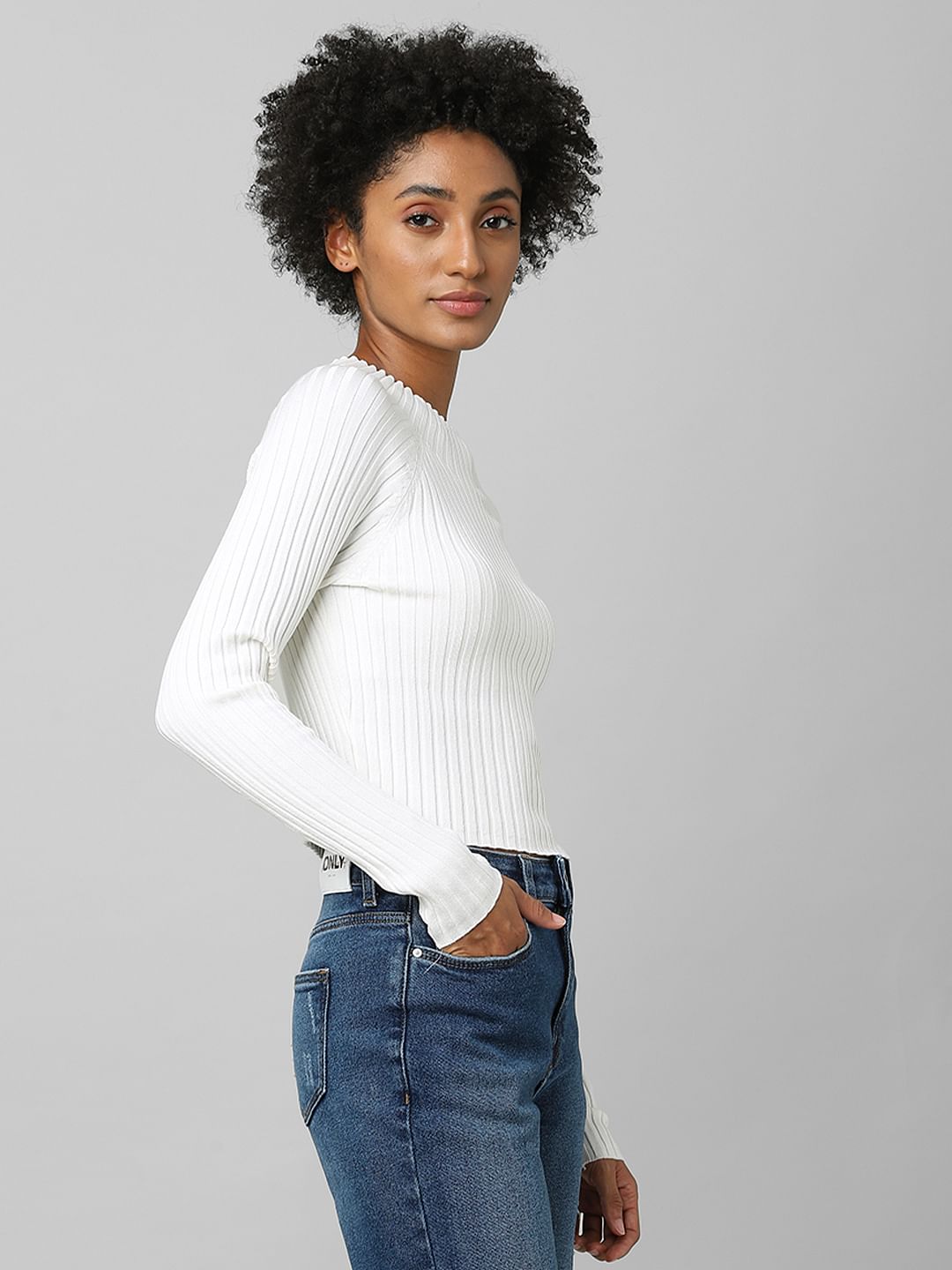 White Ribbed Cropped Pullover