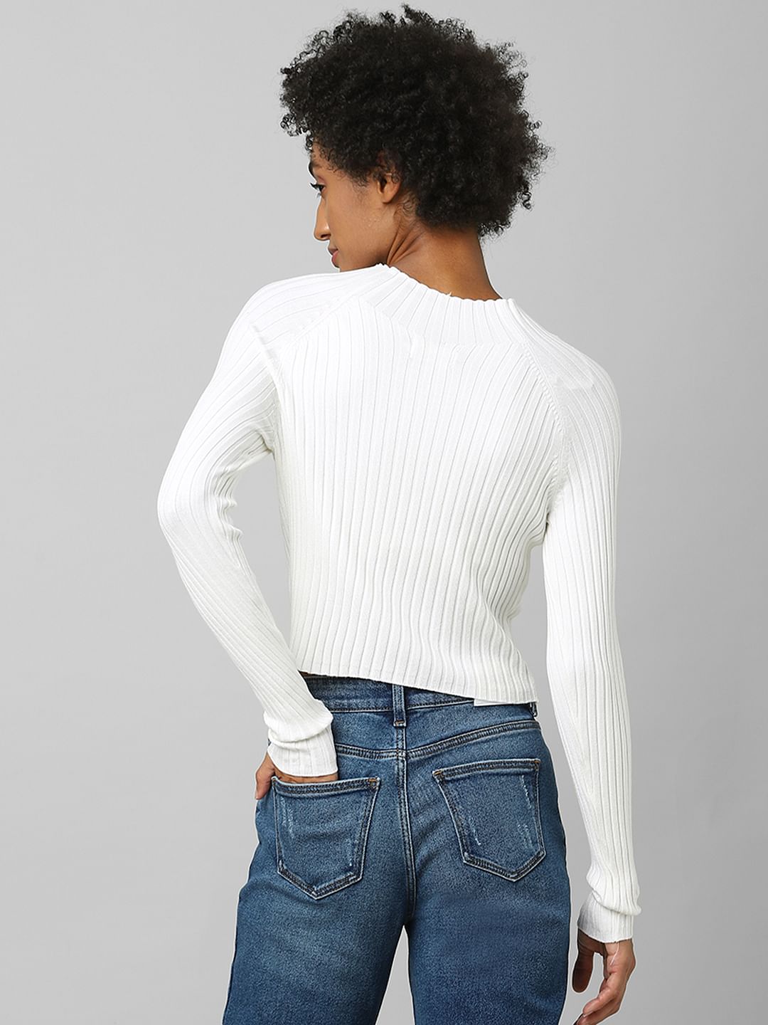 White Ribbed Cropped Pullover