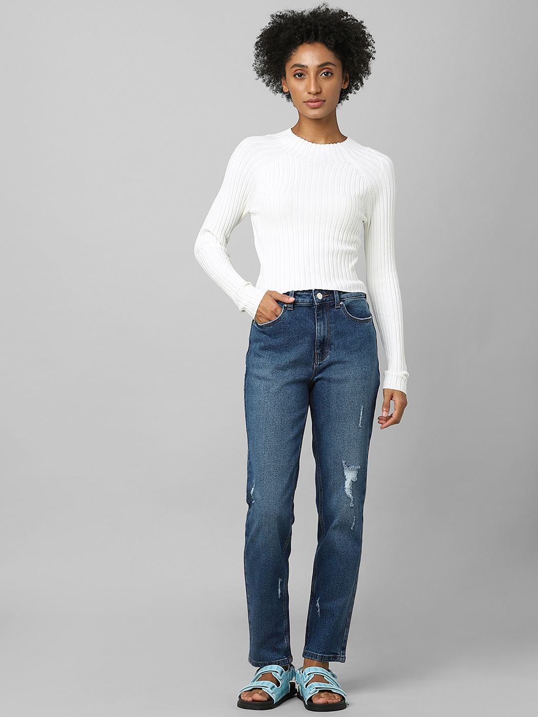 White Ribbed Cropped Pullover