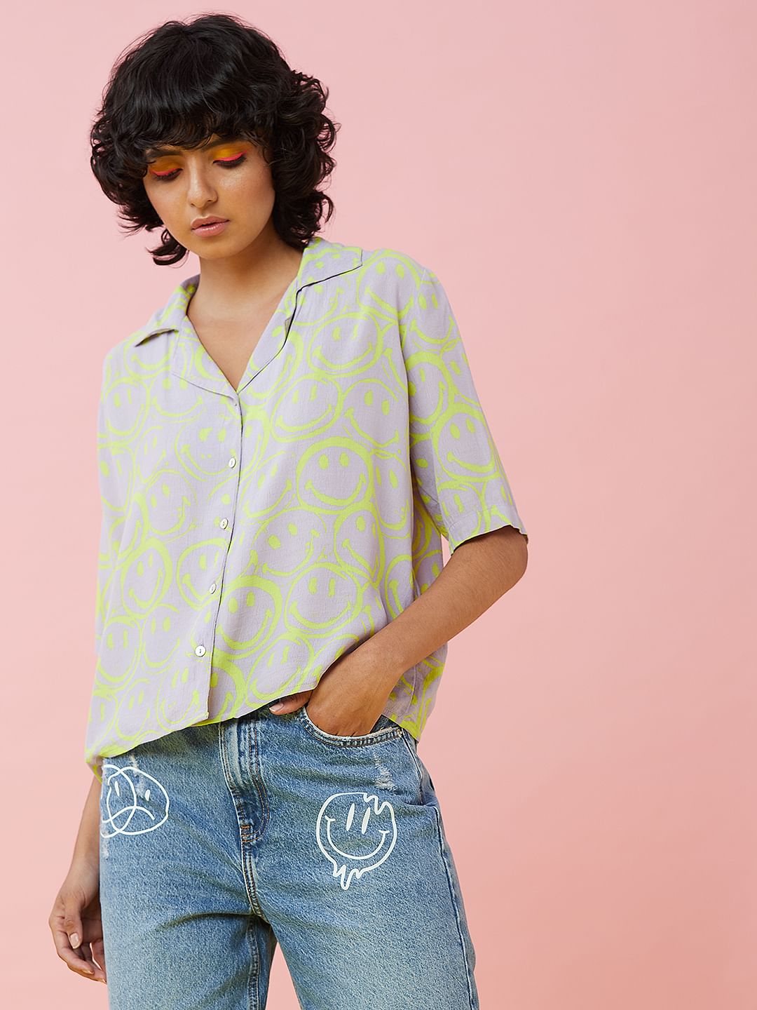 Only X Smiley Lilac Printed Resort Shirt