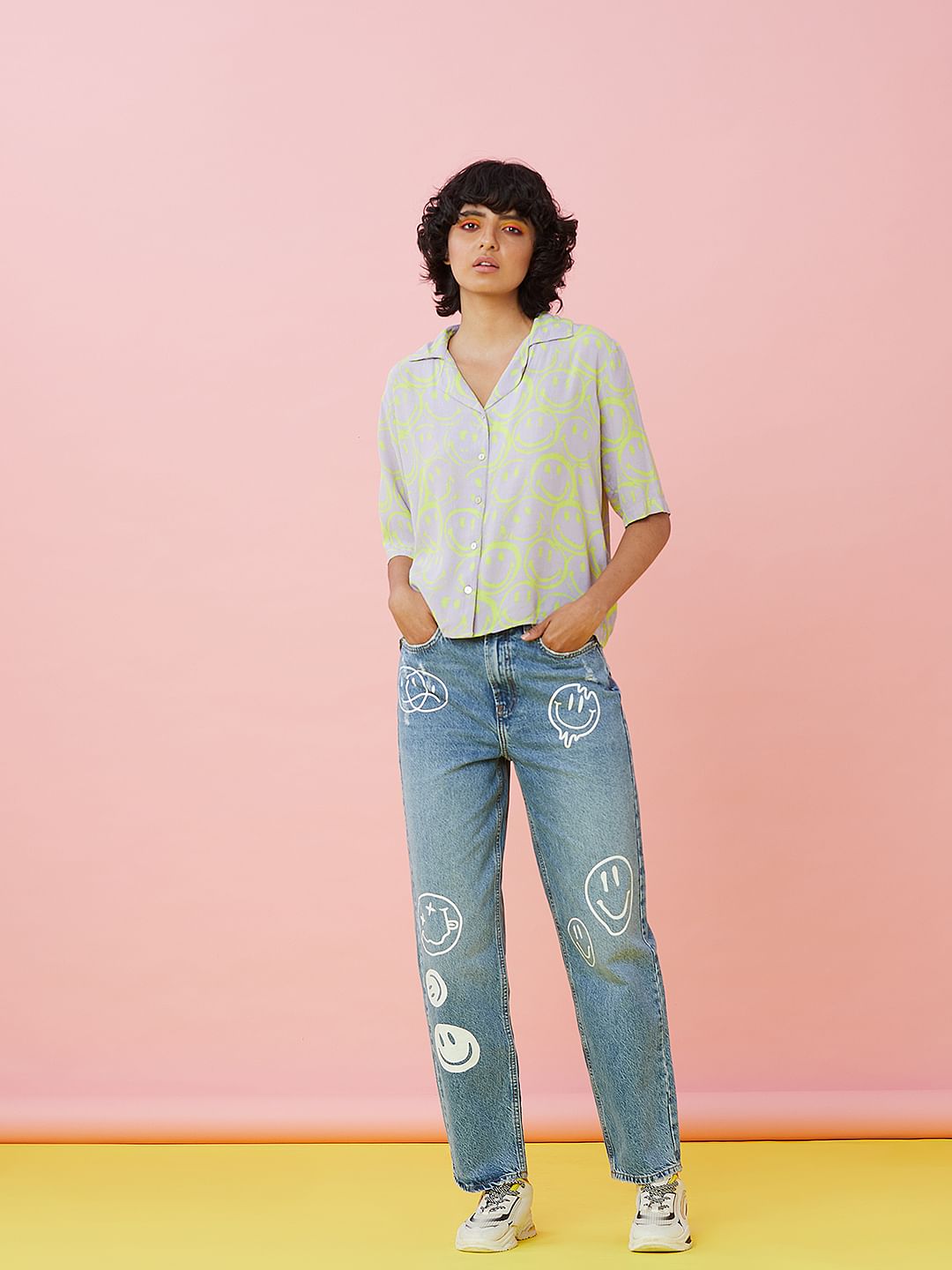 Only X Smiley Lilac Printed Resort Shirt