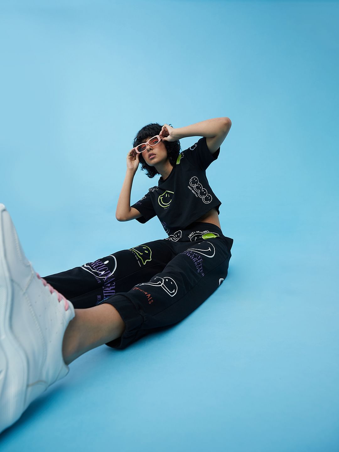 Only X Smiley Mid Rise Black Co-Ord Joggers