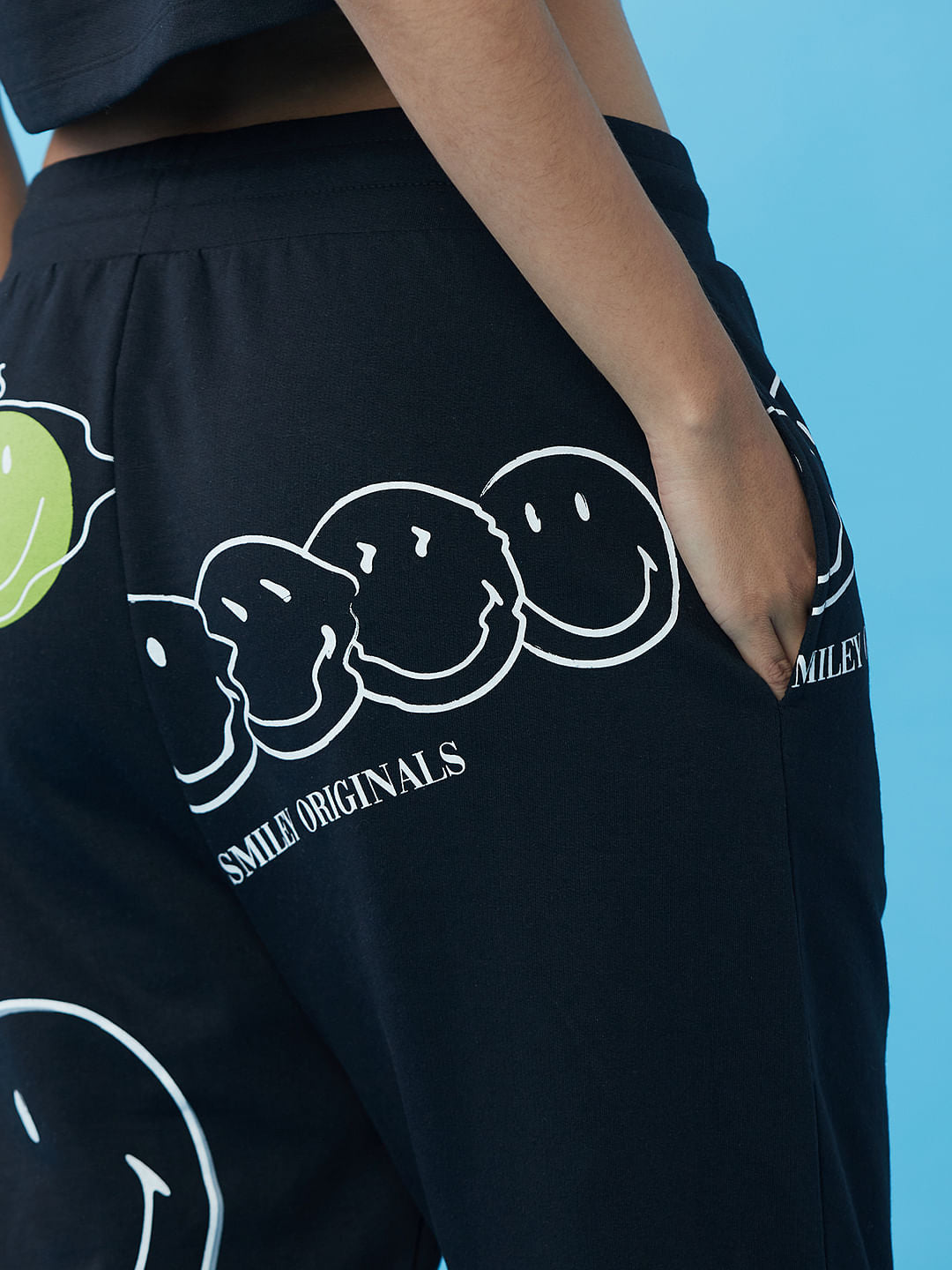 Only X Smiley Mid Rise Black Co-Ord Joggers