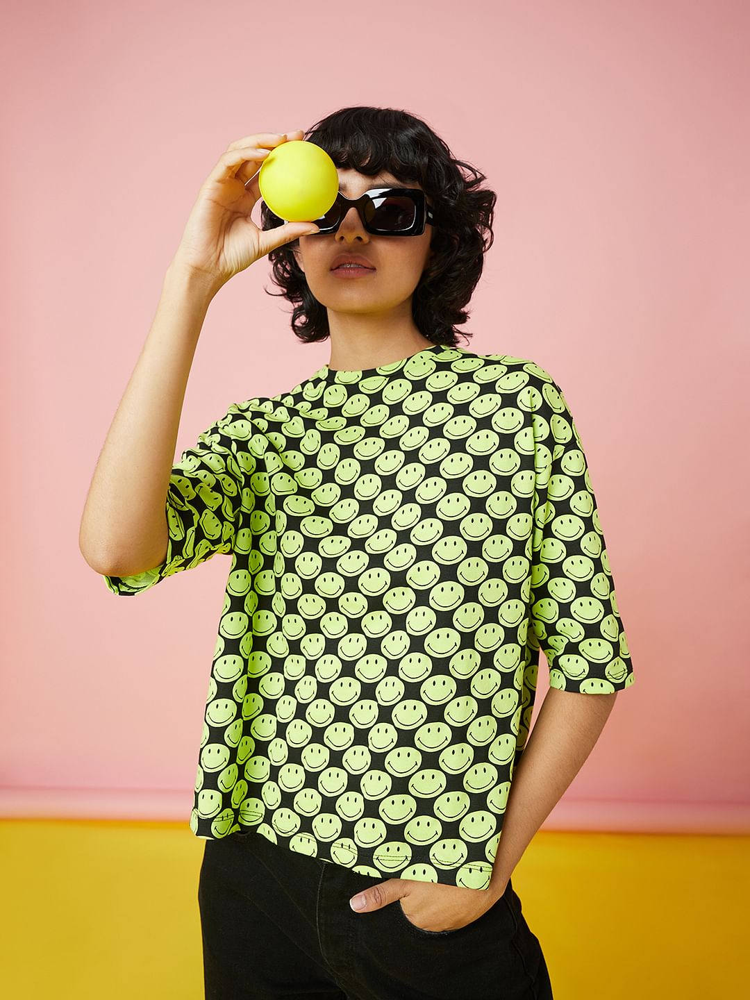 Only X Smiley Black All Over Print T-Shirt