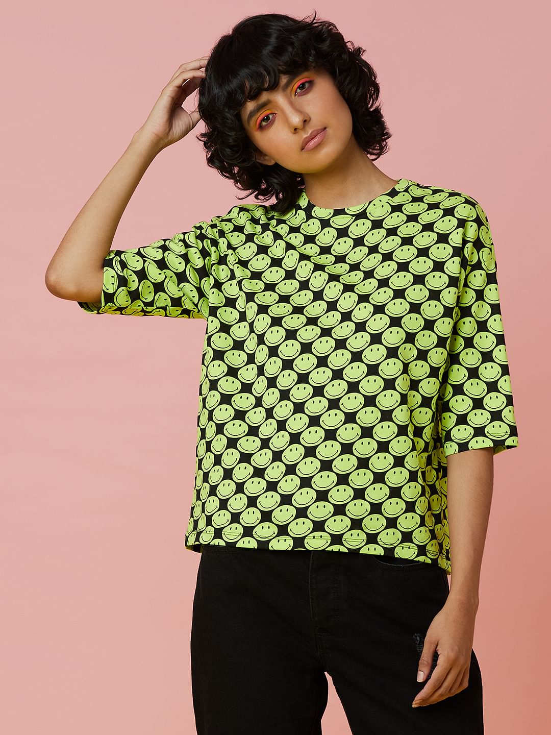 Only X Smiley Black All Over Print T-Shirt