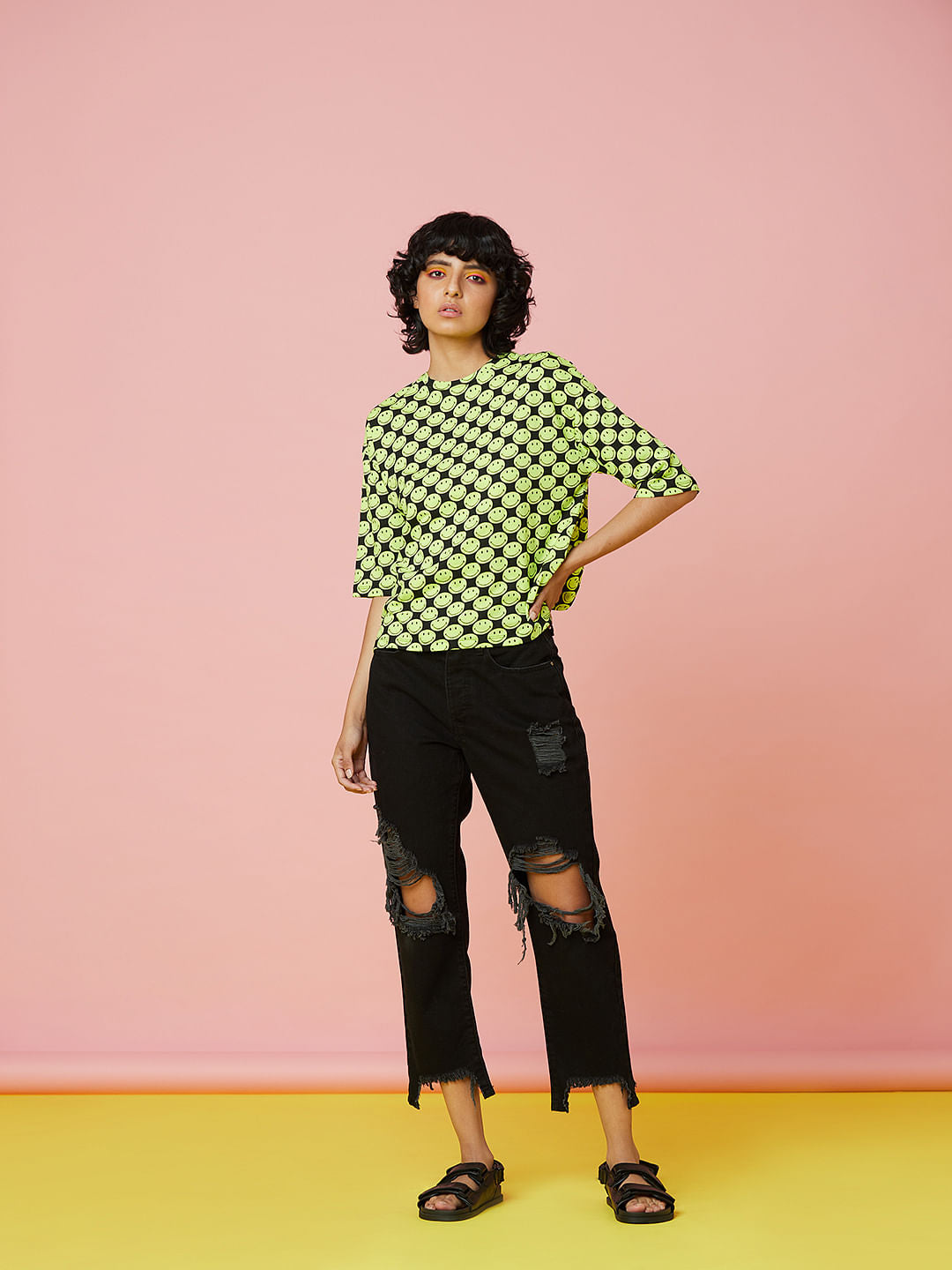 Only X Smiley Black All Over Print T-Shirt