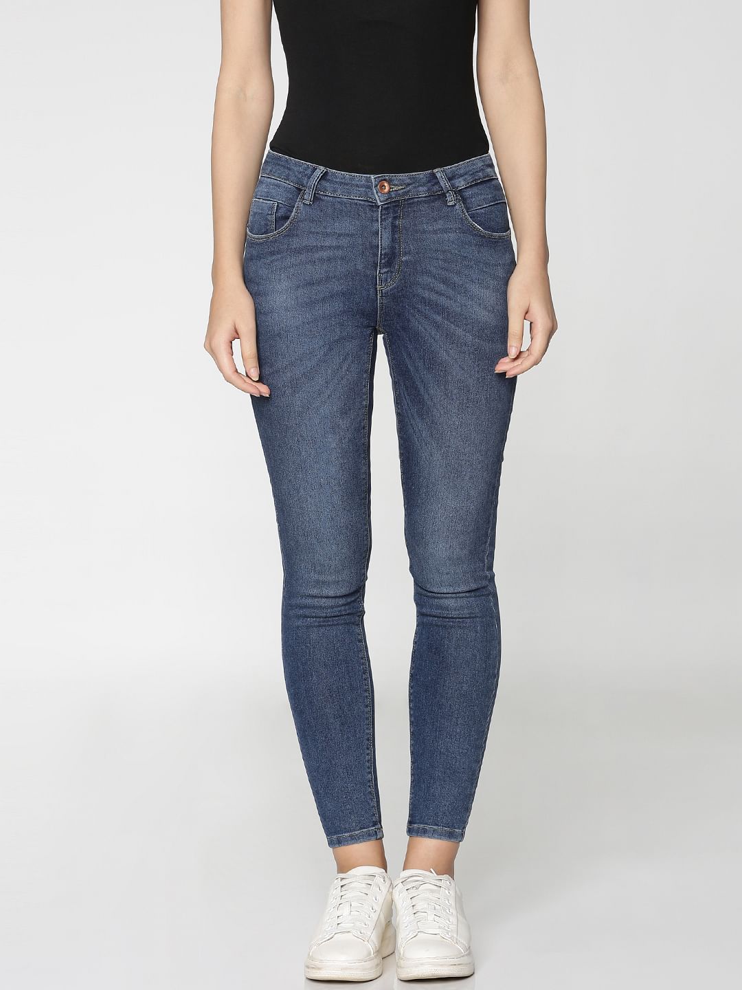 Dark Blue Mid Rise Ankle Length Skinny Fit Jeans