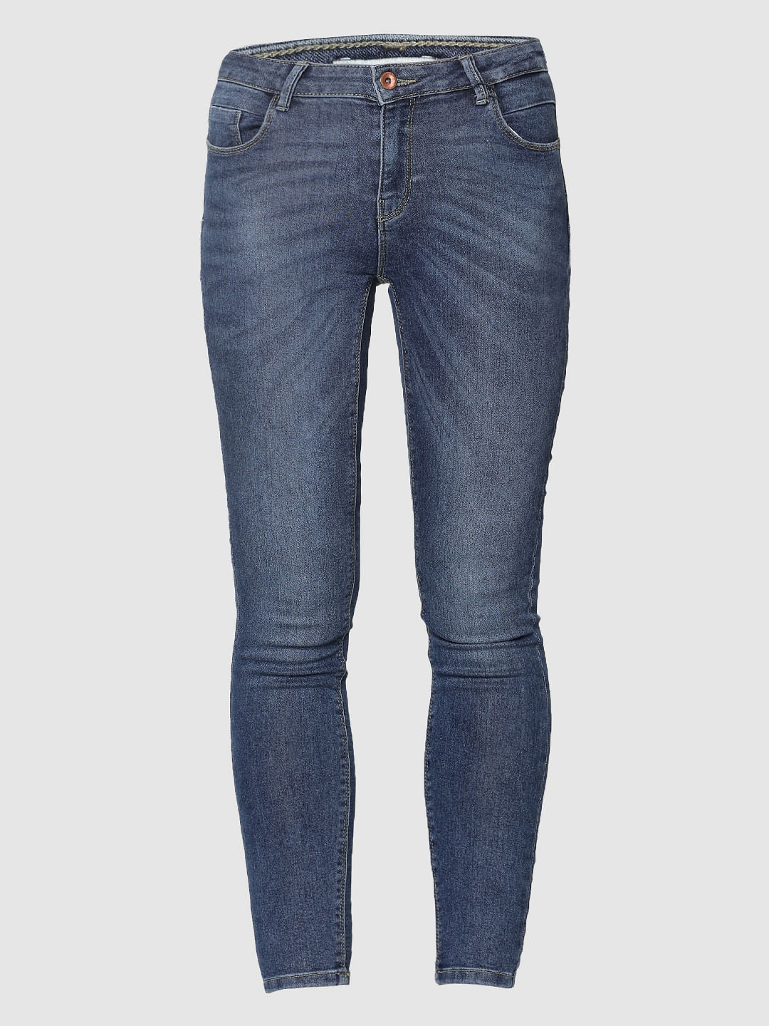 Dark Blue Mid Rise Ankle Length Skinny Fit Jeans