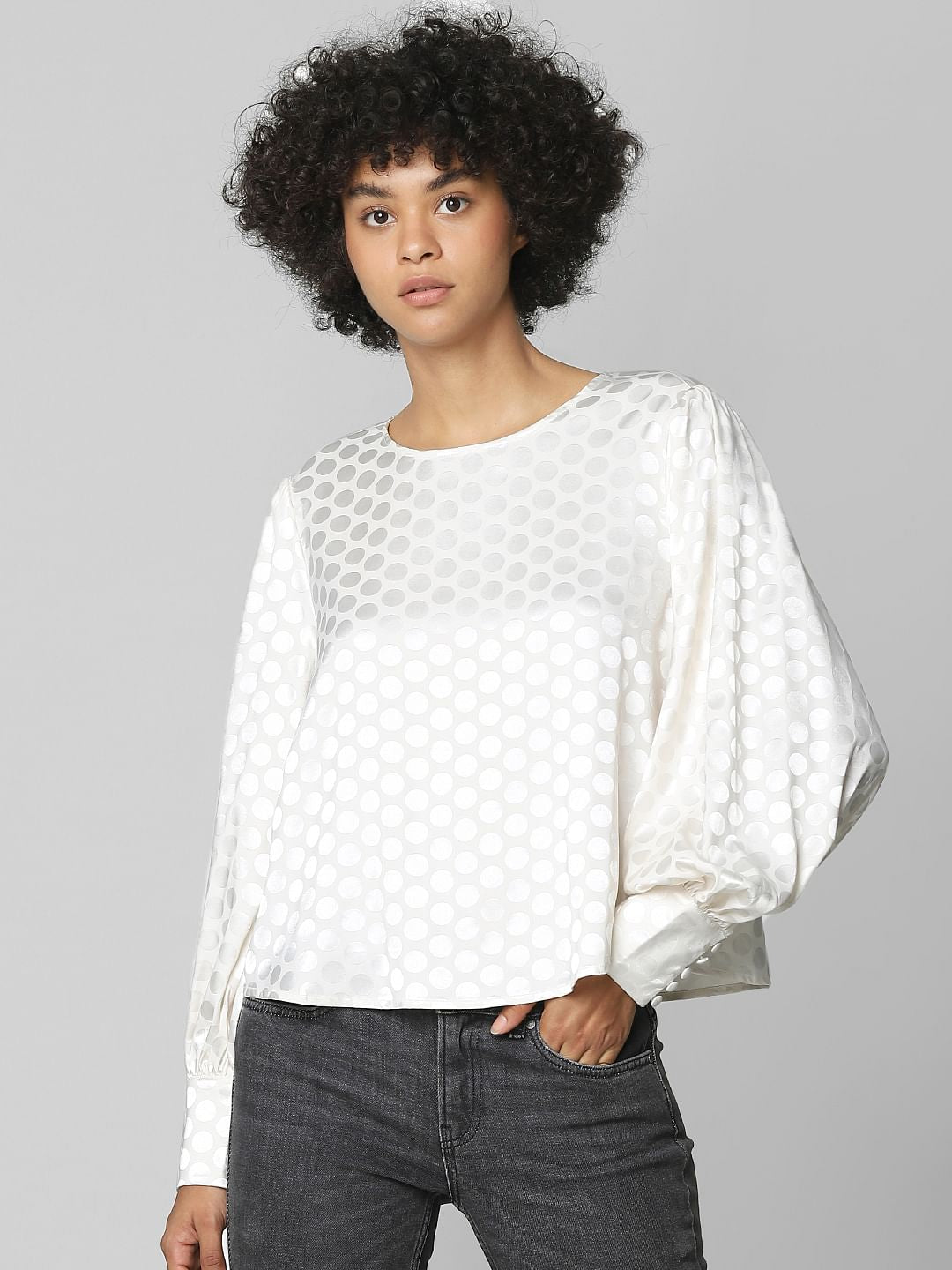 Beige Polka Dot Satin Top