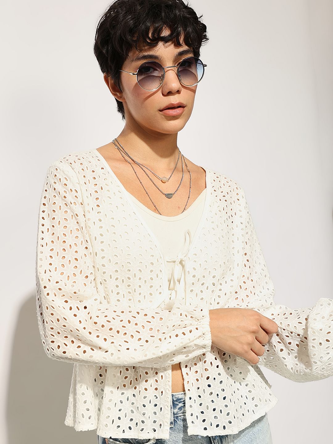 White Schiffli Tie Detail Cotton Top