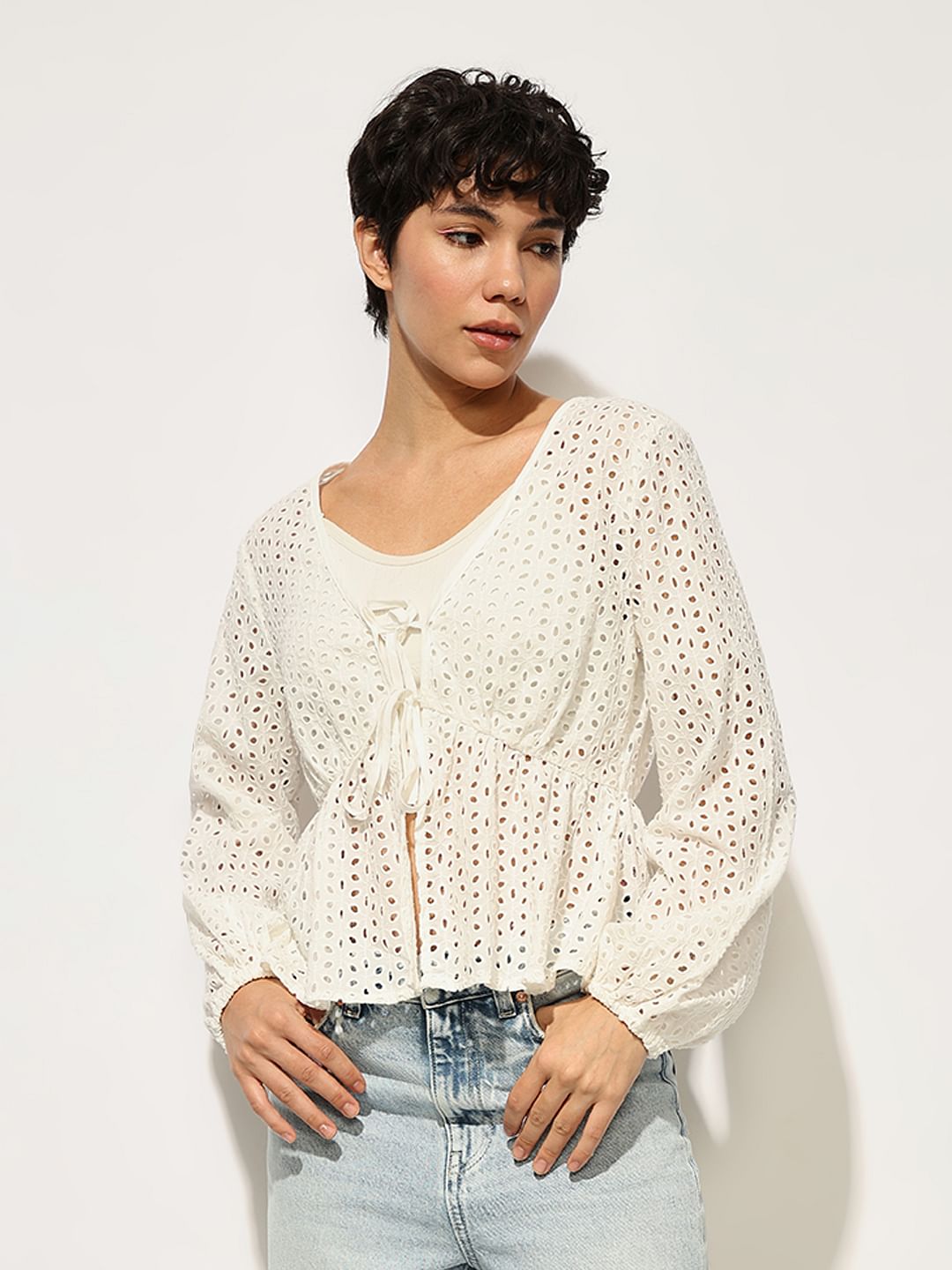 White Schiffli Tie Detail Cotton Top