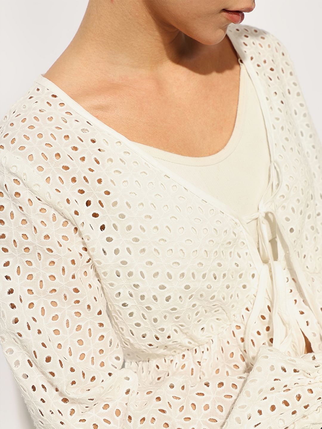 White Schiffli Tie Detail Cotton Top