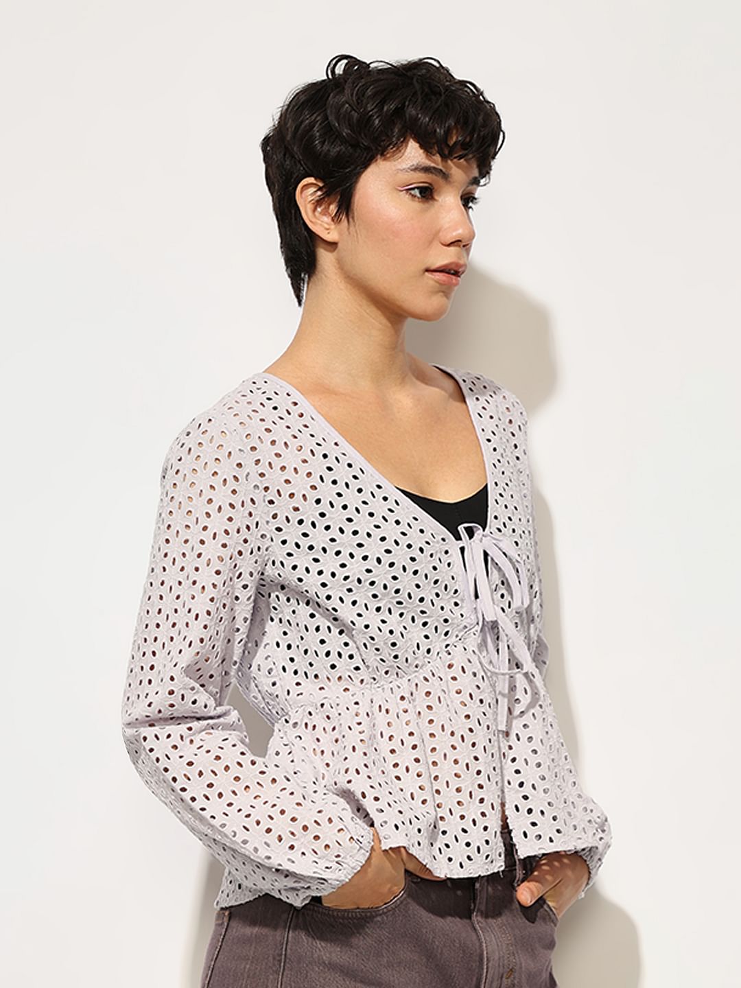 Lavender Schiffli Tie Detail Cotton Top