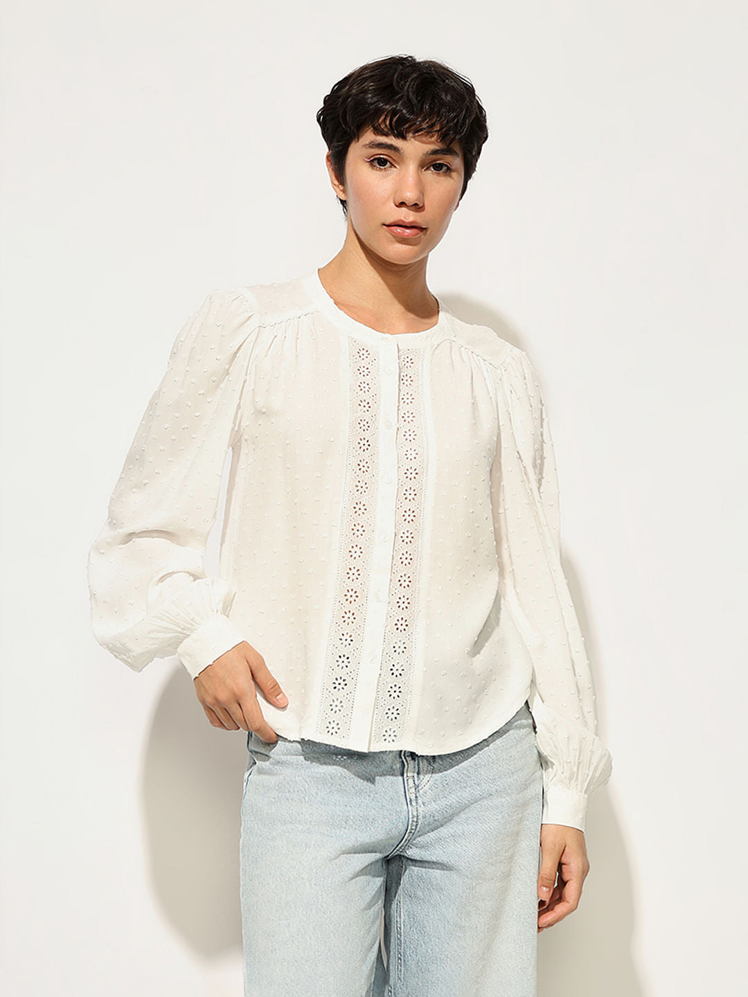 White Textured Lace Insert Top