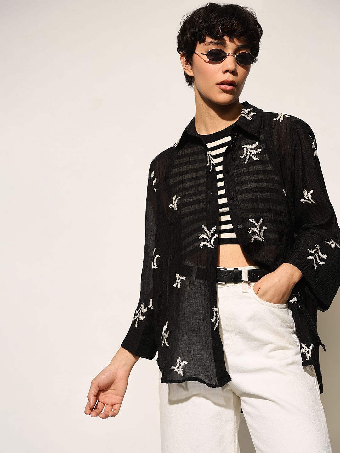 Black Embroidered Sheer Oversized Shirt