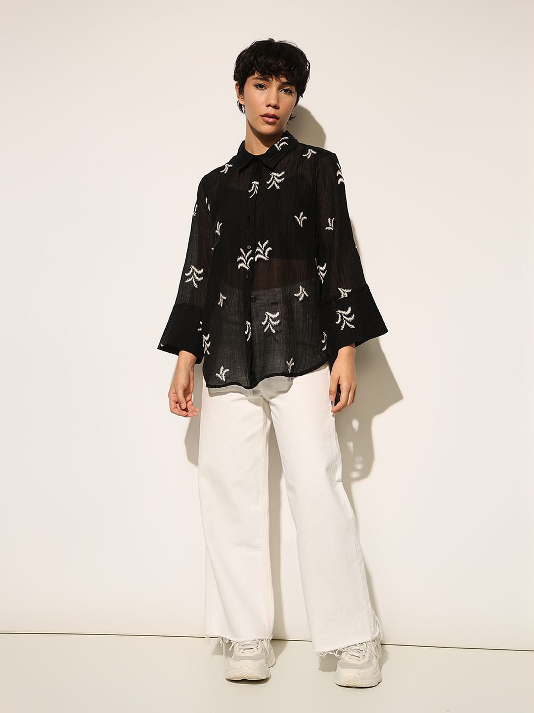 Black Embroidered Sheer Oversized Shirt